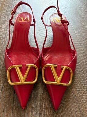 Valentino Red Leather Pointed Slingback Pumps with Gold V Logo
